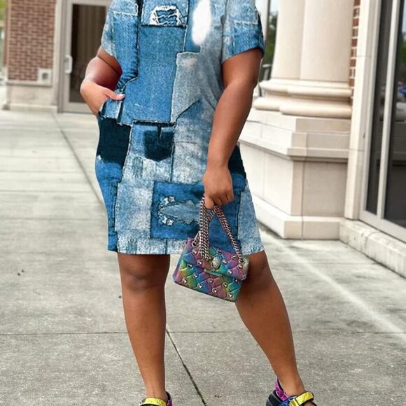 Plus Size Summer T Shirt Dress with Pockets Casual Short Sleeve Tunic - Picture 2 of 7